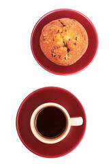 Cup of coffee and muffin isolated on white.