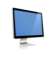 Futuristic monitor on white with reflection and blue screen