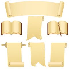 Grunge scrolls, books and banner(vector, CMYK)