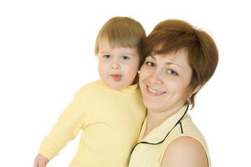 Young woman holding small baby isolated