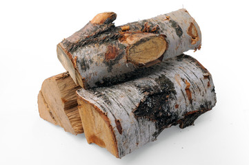 A stack of birch firewood with clipping path