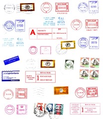 european postmarks, labels and post stamps