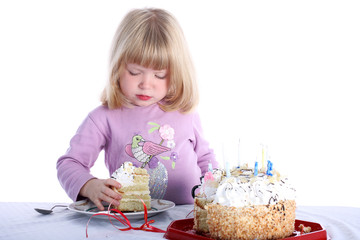 Girl with birthday cake isolated on white