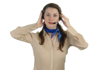 Young pretty girl speaking with headset.