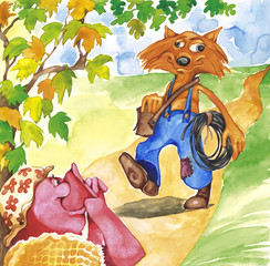 Fairytale illustration of miss pig and plumber fox