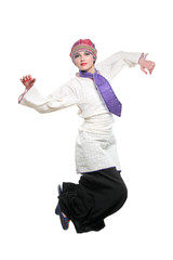 Beautiful woman jumping with joy isolated on white background