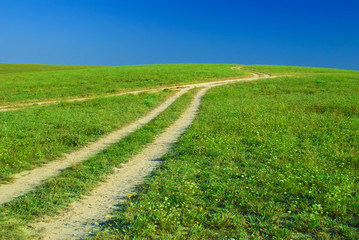 Green field, roads and sun sky