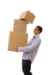 holding a stack of parcels