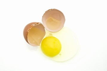 Broken egg on white background