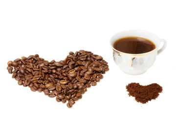 Heart from coffee beans close up