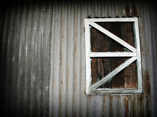 grunge zinc wall with wooden window