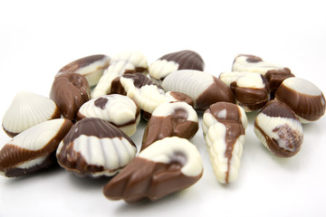 chocolate sweetmeats in form seashell on white background