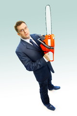 Portrait of the businessman with saw on white background