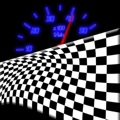 racing flag and neon glowing odometer on the black