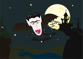 Dracula wylatuje z zamku zmieniony w nietoperza, chmara nietoperzy, wampiry straszą w transylwanii - obrazy, fototapety, plakaty
