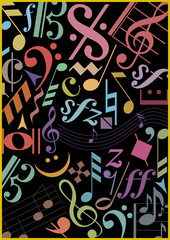 schwarzer hintergrund mit farbigen musik symbolen