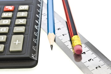 Calculator, ruler and pencils