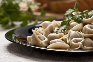 Meat dumplings with bread and greenery