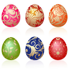 Set of six Easter eggs with gold ornaments