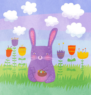 Cute easter illustration with violet rabbit