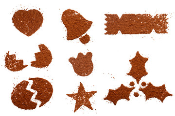 Cocoa powder in festive symbol shapes