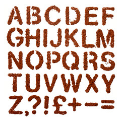 Cocoa dust Letters   alphabet and signs over white