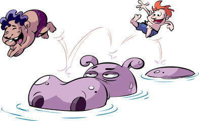 kids jumping on hippo
