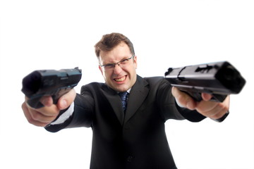 Stressed criminal businessman with aimed guns on white
