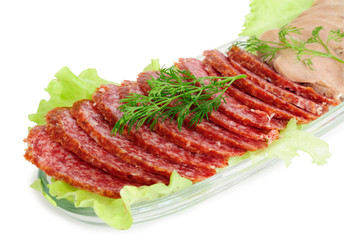 Smoked sausage and beef tongue on white background