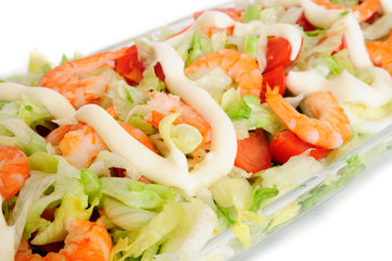 Shrimp salad in a glass dish