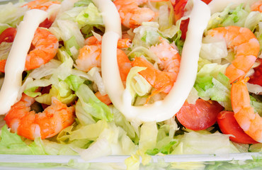 Shrimp salad in a glass dish