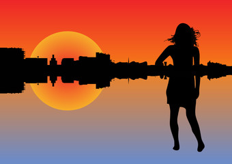 Fototapeta na wymiar illustration of a girl at sunset with a city background