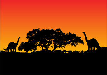 illustration of a dinosaur with sunset background