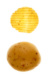 Potato crisp and potato on white