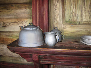 antique teapots in an old house