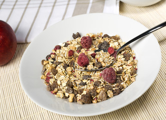 fruity muesli in white bowl