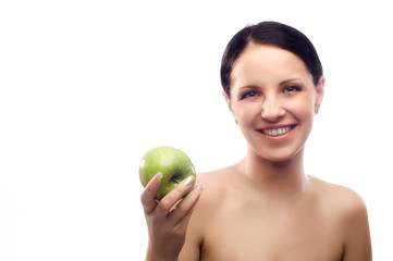 young beautiful smiling brunette with apple
