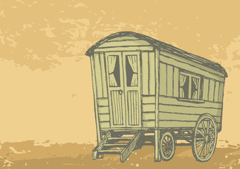 Vector sketch of gypsy caravan wagon colored in sepia tones - obrazy, fototapety, plakaty
