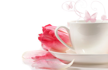 Porcelain teacup with pink tulips on white