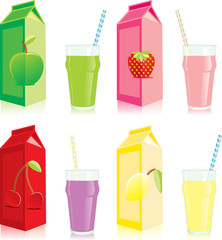 isolated juice carton boxes and glasses