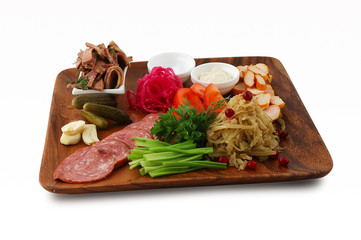 Fast dinner on a wooden dish