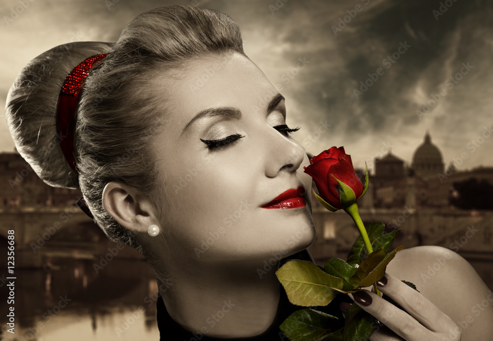 Canvas Prints Beautiful young woman with red rose. Retro potrait