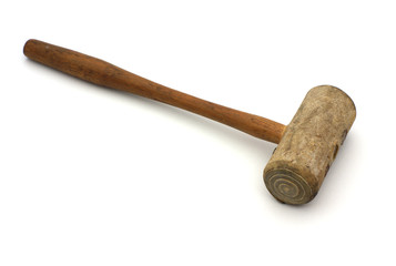 Old wood mallet with rolled head.