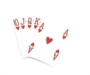 An unbeatable royal flush card hand in hearts.
