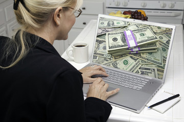 Woman In Kitchen Using Laptop - Money