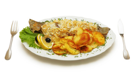 River trout with potatoes and greens