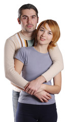 Couple in love smiling. Over white background