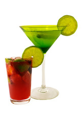 Colorful drinks with fruit and slices of lime