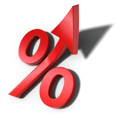 Red percent sign with upward arrow and shadow (3d illustration)