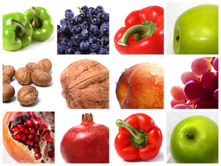 Set of fruits, vegetables, walnuts and grape